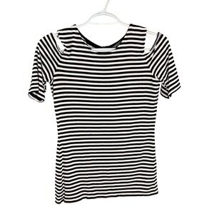 Vince Camuto Black White Striped Cold Shoulder Short Sleeve Top Womens XS